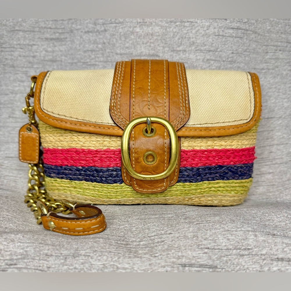 Coach Legacy Woven Striped Wristlet w/ Tattersall -Leather Flap & Brass Hardware